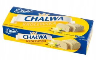 Chałwa Królewska o smaku waniliowym marki E. Wedel w opakowaniu 250 g, przedstawiona na kolorowym tle z waniliowym kwiatem.