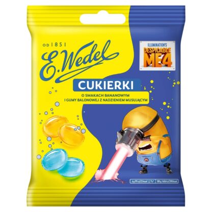 Cukierki o smakach bananowym i gumy balonowej z nadzieniem musującym Minionki 75 g