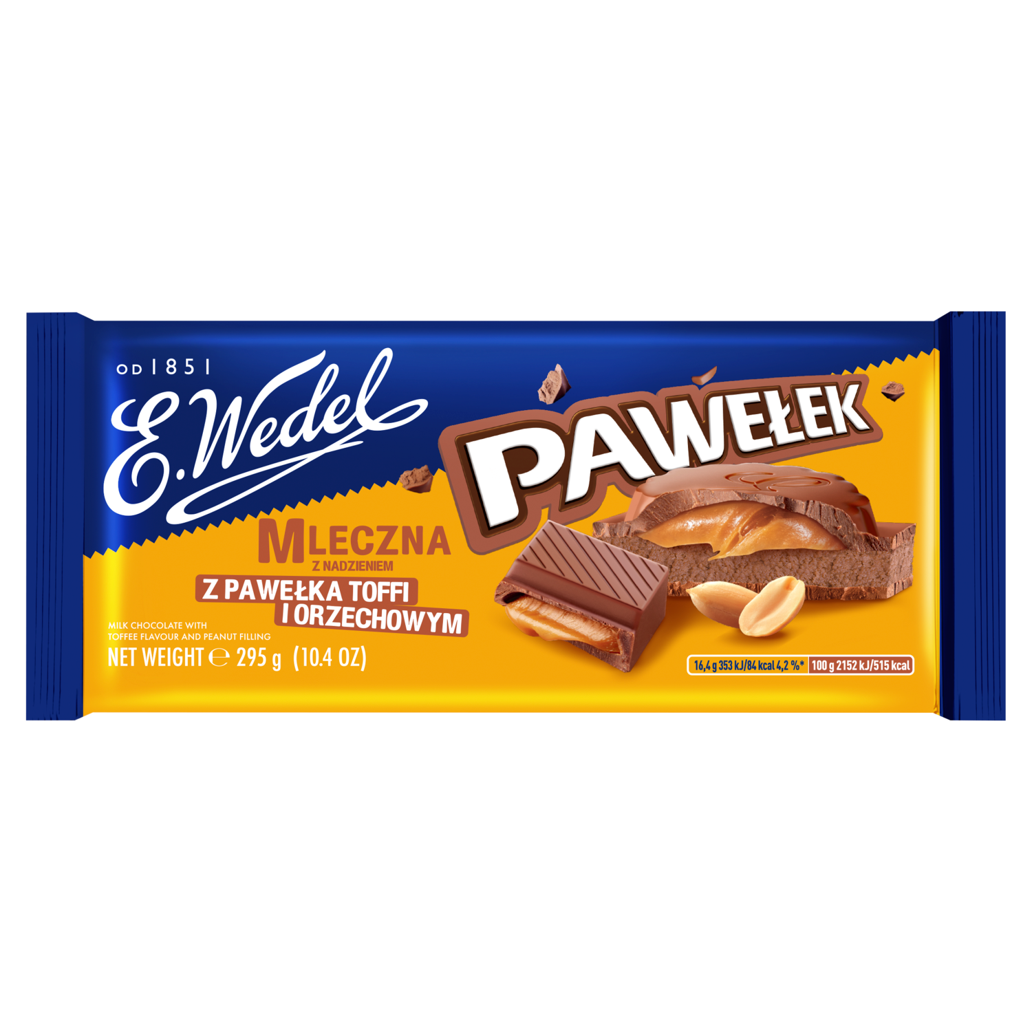 Czekolada mleczna E. Wedel Pawełek o smaku toffi z nadzieniem orzechowym.