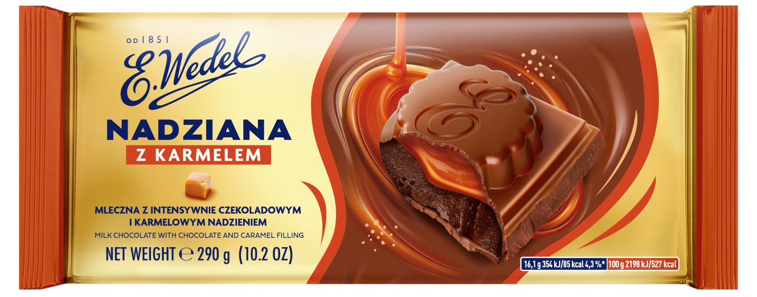 czekolada mleczna Wedel z nadzieniem czekoladowym i karmelowym. Jeden kawałek czekolady jest rozłamany, aby odsłonić nadzienie karmelowe. Płynny karmel wylewa się na kawałek czekolady.