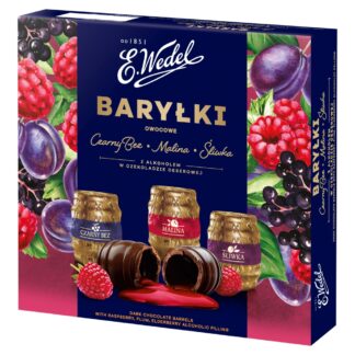 Baryłki owocowe czarny bez malina śliwka z alkoholem w czekoladzie deserowej 200 g