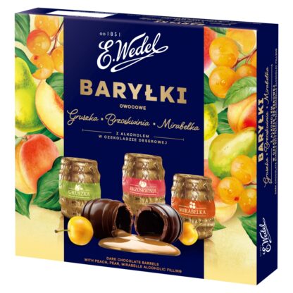 Baryłki owocowe gruszka brzoskwinia mirabelka z alkoholem w czekoladzie deserowej 200 g