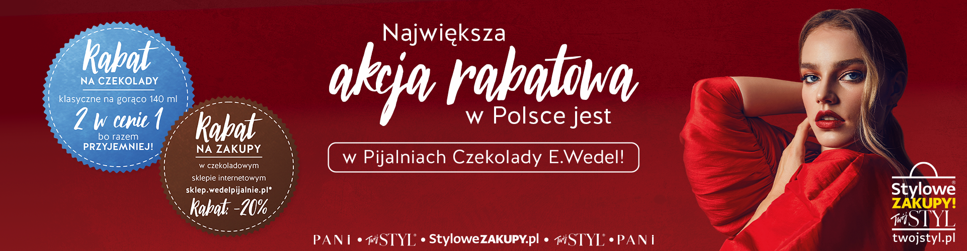 Na zdjęciu widnieje informacja o kodzie rabatowym obowiązującym na stronie internetowej oraz promocji w Pijalniach Czekolady E.Wedel