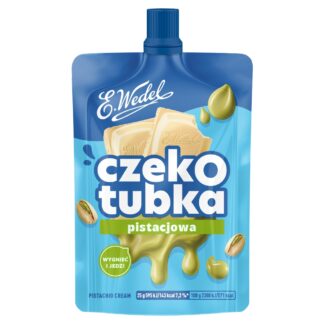Zdjęcie przedstawia niebieskie opakowanie czekotubki o smaku pistacjowym