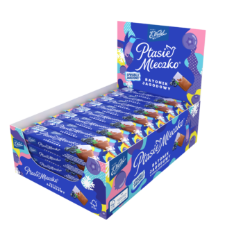 Batonik Ptasie Mleczko- smak jagodowy w czekoladzie mlecznej E.Wedel 24x26g