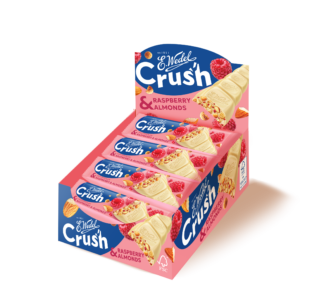 25 x E. Wedel Crush Baton z białej czekolady z kawałkami migdałów i malin i chrupkami 25 g